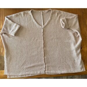 Womens Oversized Waffle Knit V-Neck Top Blush Pink Dolman Short Sleeve HT-2189D6